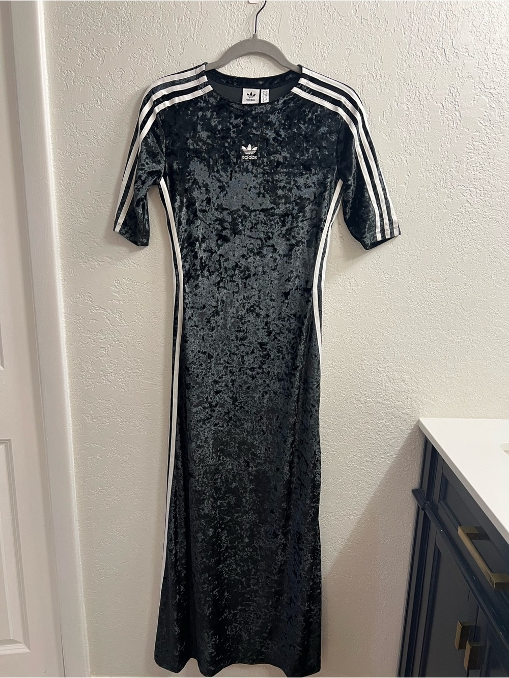 Adidas Black crushed Velvet Three-Stripe maxi Dress